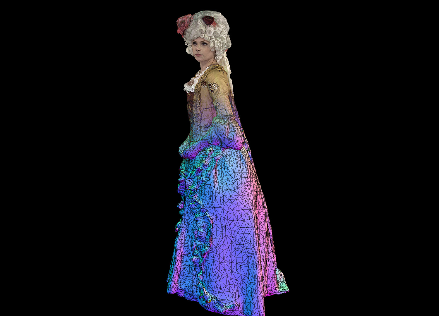 Woman in a baroque dress is captured volumetrically in 3D